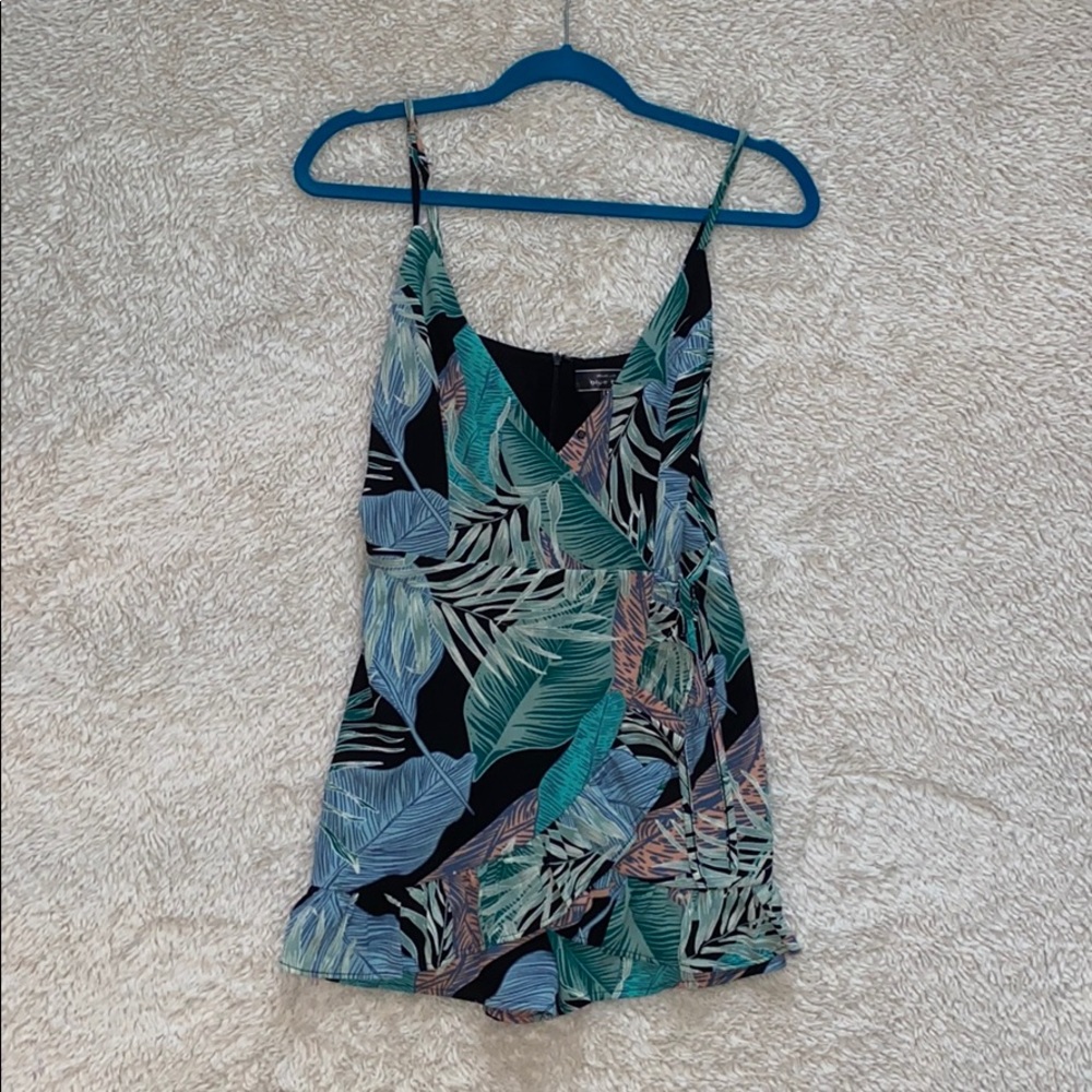 Blue Blush Tropical Leafy Print Tie Front Romper